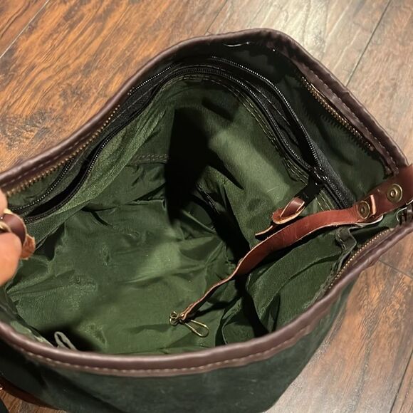 VTG made in USA Canvas Back shoulder bag green canvas brown leather trim EUC - Picture 7 of 16